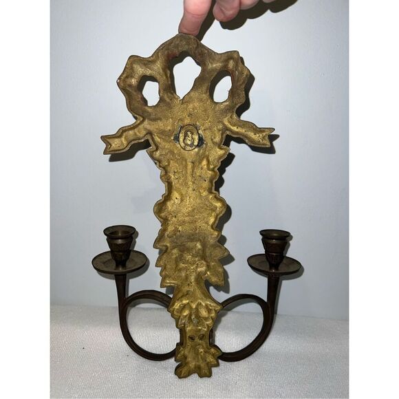 Vintage Brass Wall 2 Taper Candle Holder Sconce Gothic Victorian - Picture 1 of 8